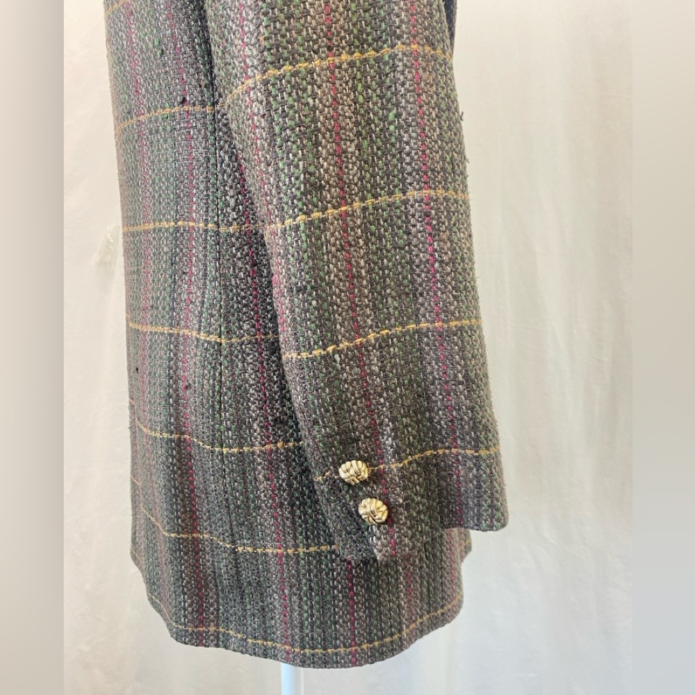 Doncaster Vintage 80s 100% Silk Brown Tweed Multicolor Plaid Longline Blazer 8 - Picture 7 of 17